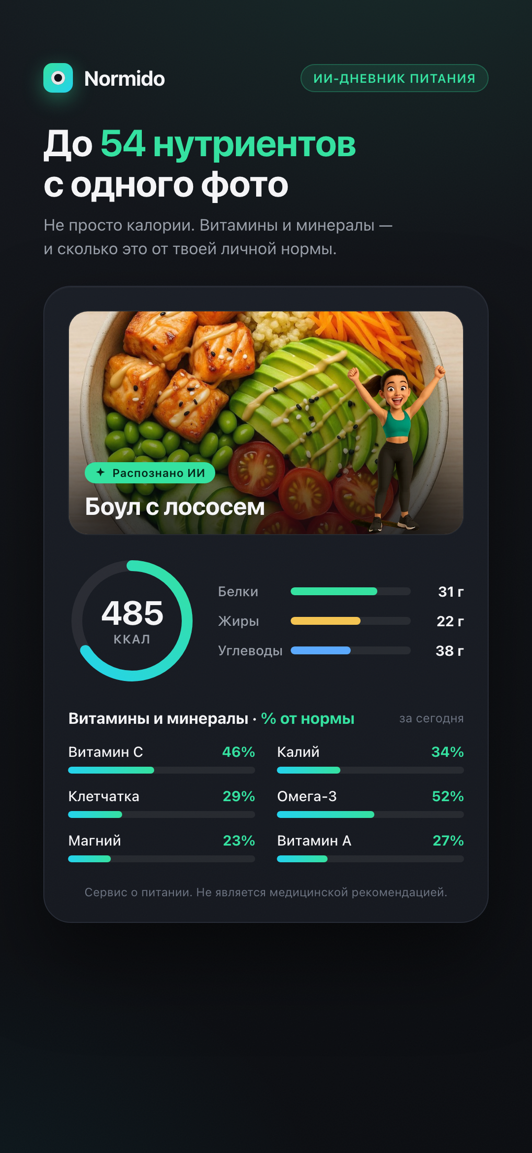 Презентационный экран приложения Normido: анализ блюда